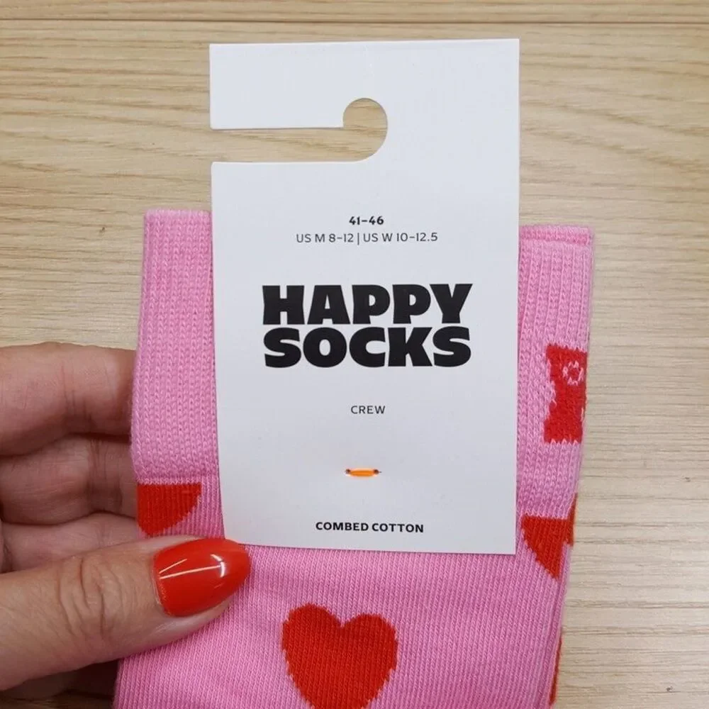 HAPPY SOCKS Crew Socks Pink Heart Combed Cotton Unisex M 8-12 W 10-12.5